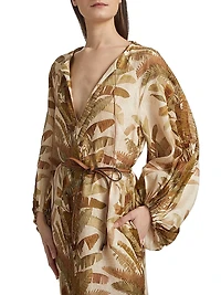 Ascension Leaf-Print Linen Midi-Dress