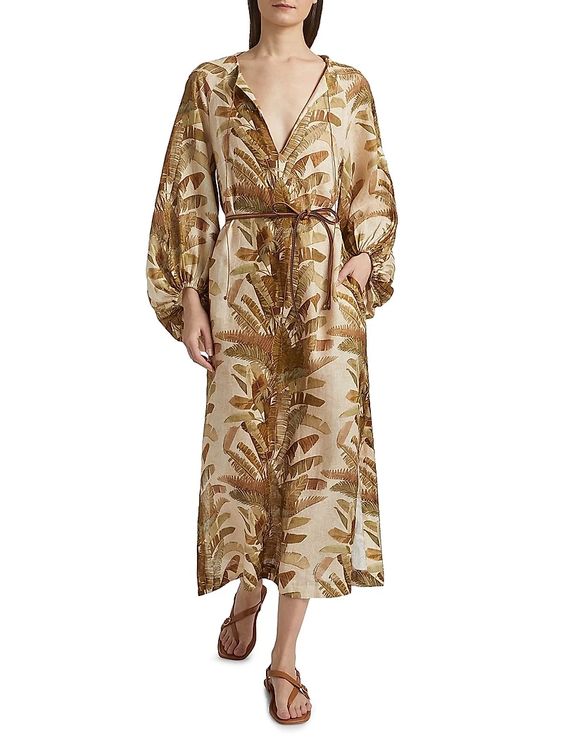 Ascension Leaf-Print Linen Midi-Dress