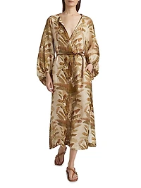 Ascension Leaf-Print Linen Midi-Dress