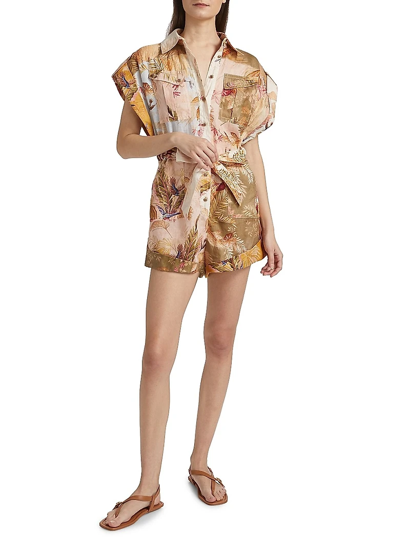 Ascension Leaf Print Linen Playsuit