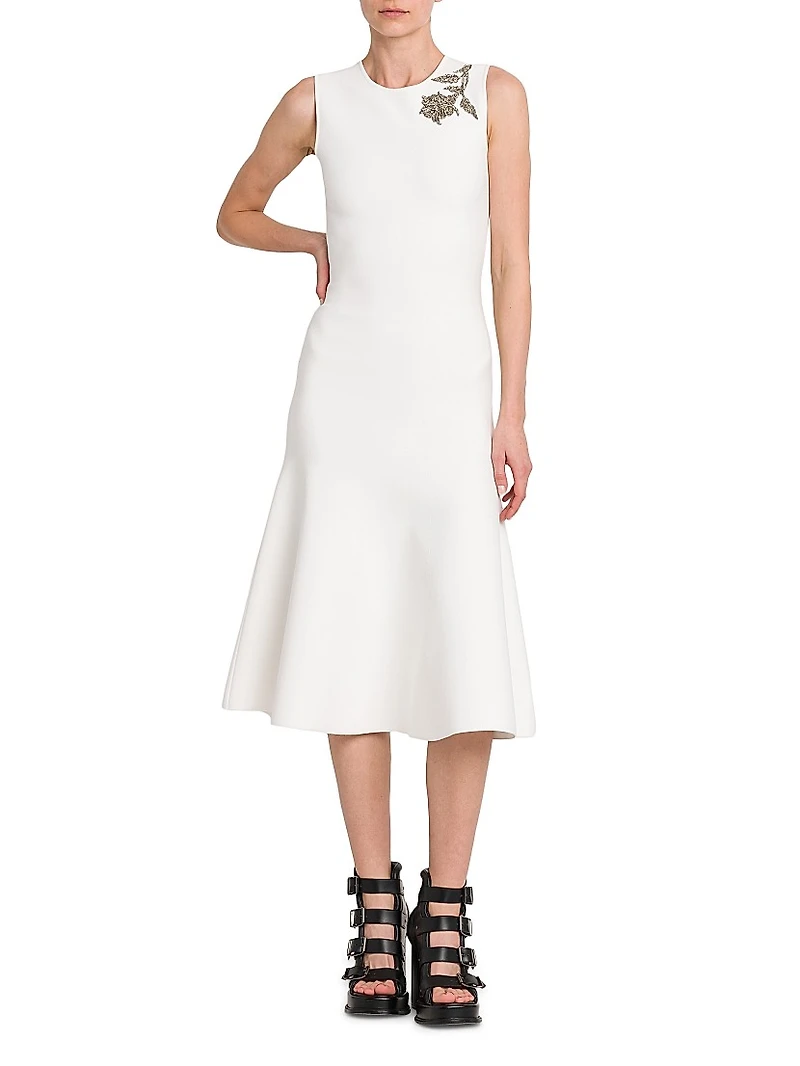Beaded Floral Jersey Midi-Dress