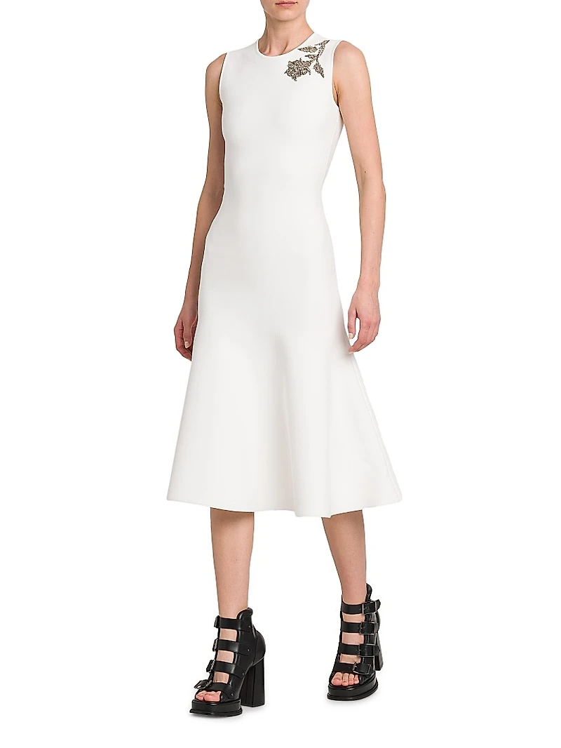 Beaded Floral Jersey Midi-Dress