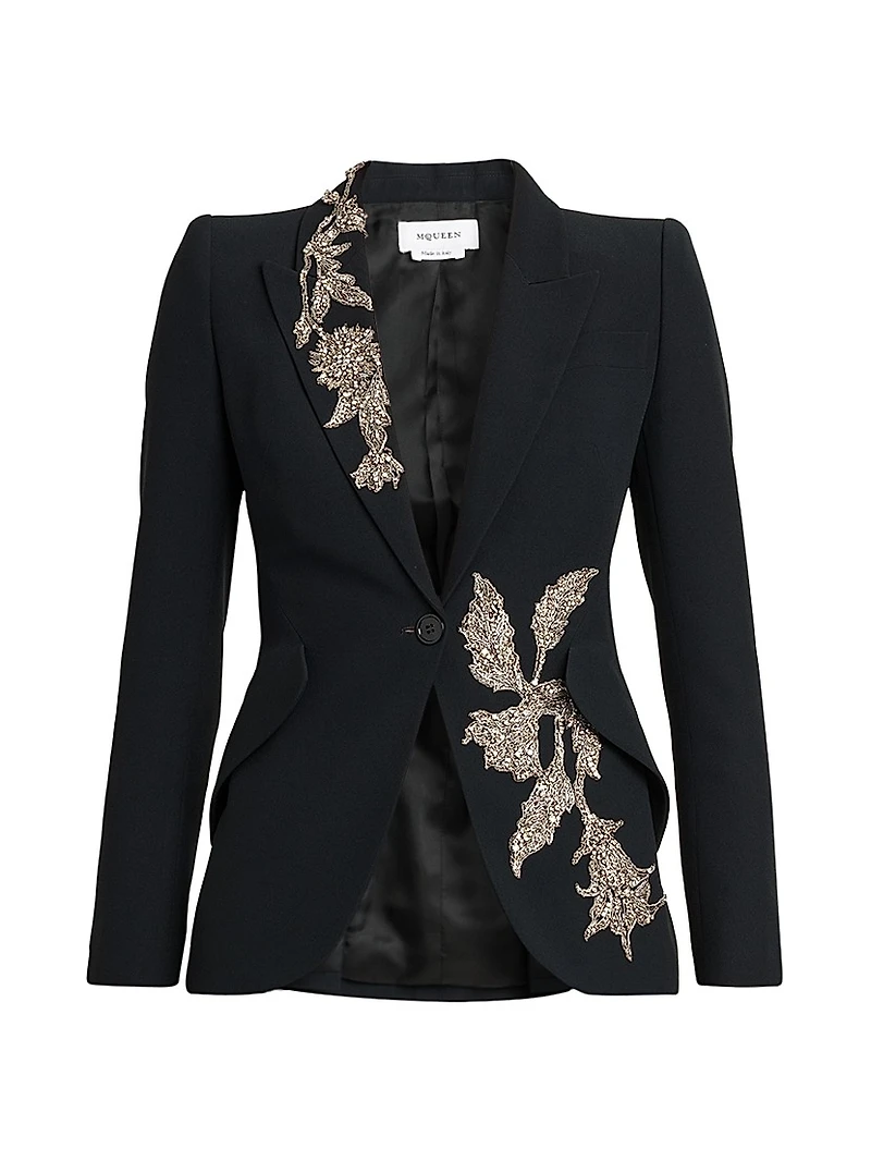 Floral Beaded Crepe Single-Breasted Jacket