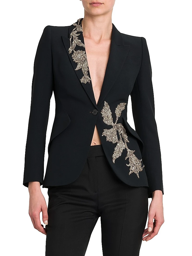 Floral Beaded Crepe Single-Breasted Jacket