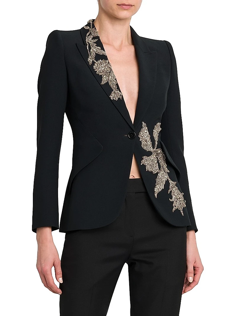 Floral Beaded Crepe Single-Breasted Jacket