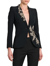 Floral Beaded Crepe Single-Breasted Jacket
