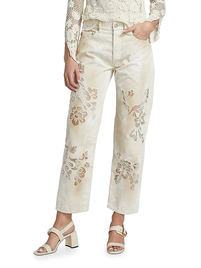 Distressed Floral Sheer Embroidered Jeans