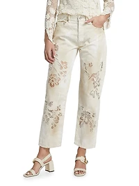 Distressed Floral Sheer Embroidered Jeans