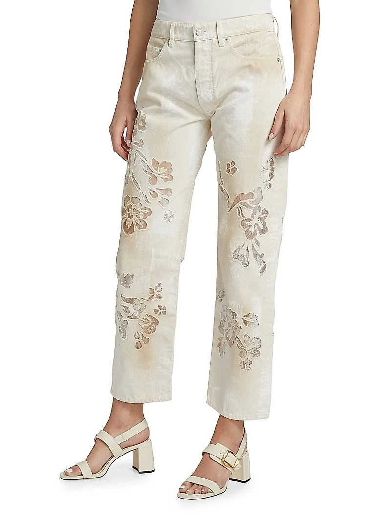 Distressed Floral Sheer Embroidered Jeans
