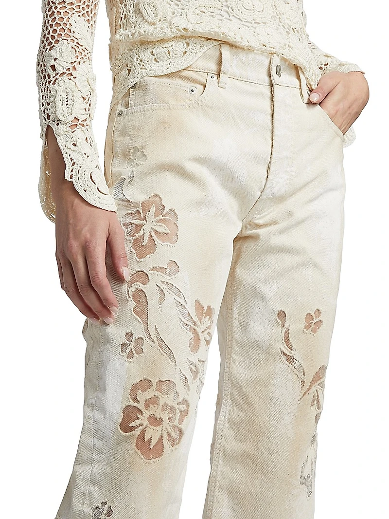 Distressed Floral Sheer Embroidered Jeans