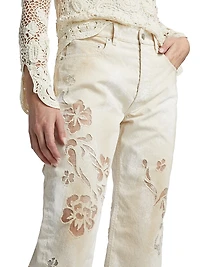 Distressed Floral Sheer Embroidered Jeans