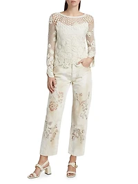 Distressed Floral Sheer Embroidered Jeans