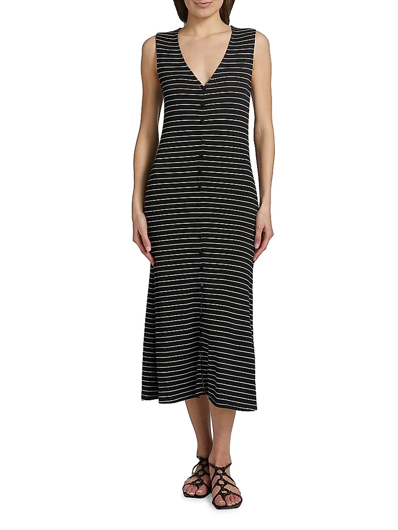 The Knit Button-Front Striped Midi-Dress