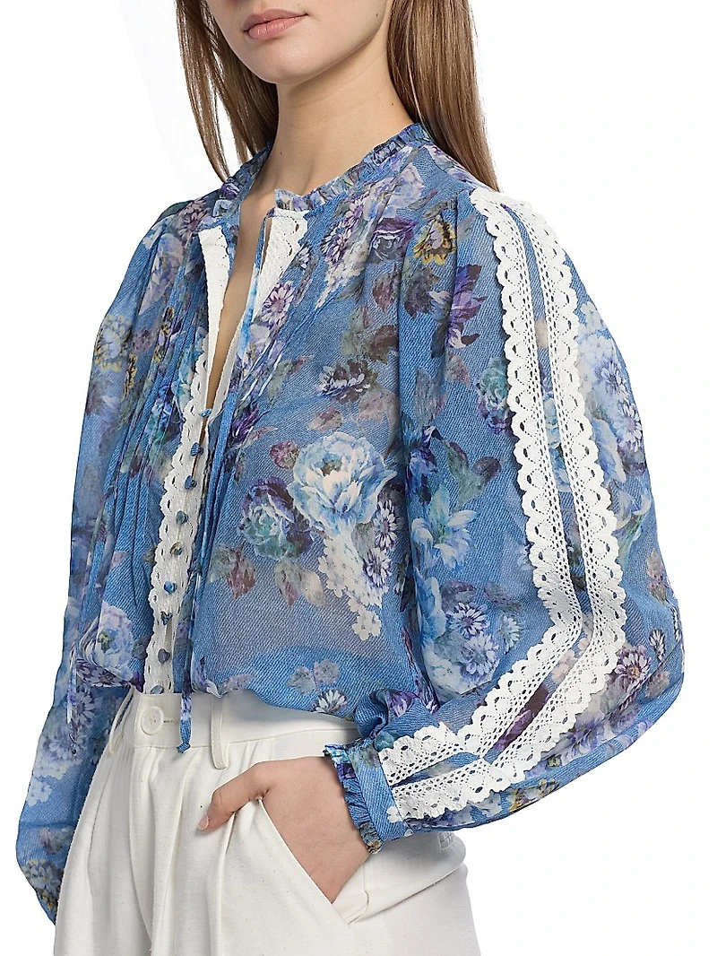 Ingrid Floral Lace-Trim Blouse