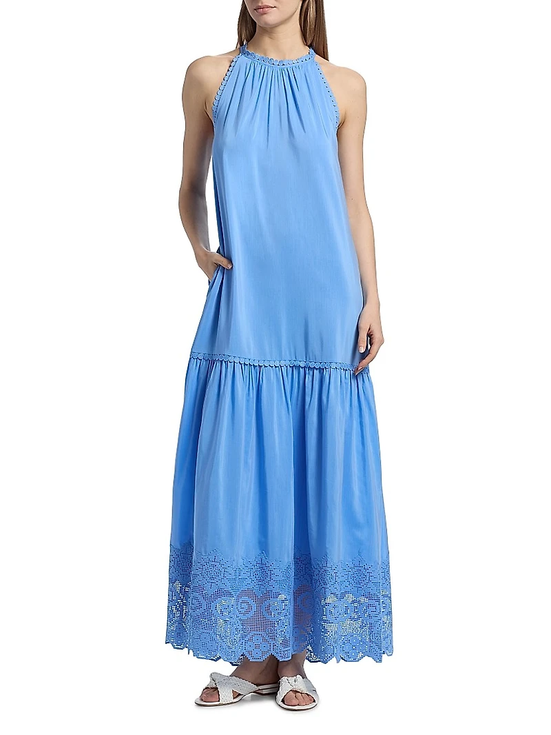 Teri Halter Lace-Trim Tiered Maxi Dress