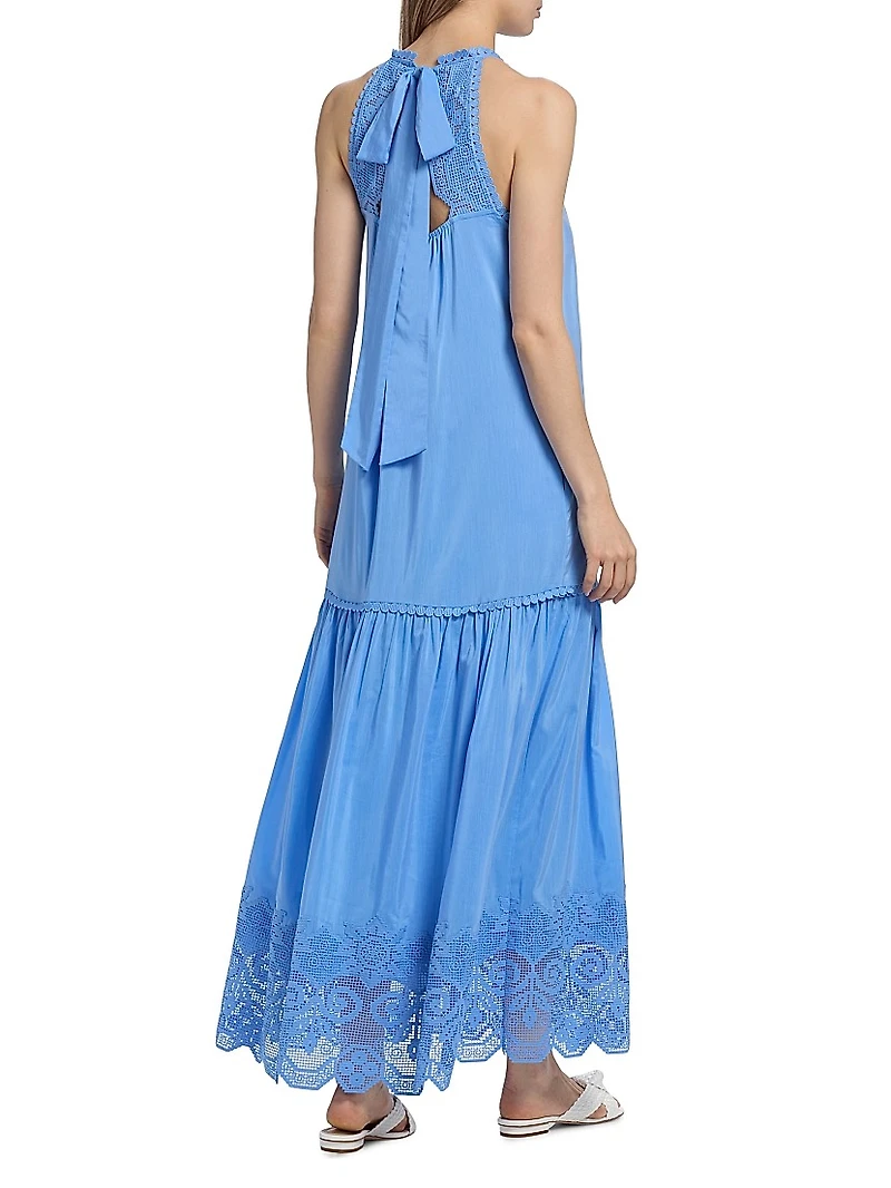 Teri Halter Lace-Trim Tiered Maxi Dress