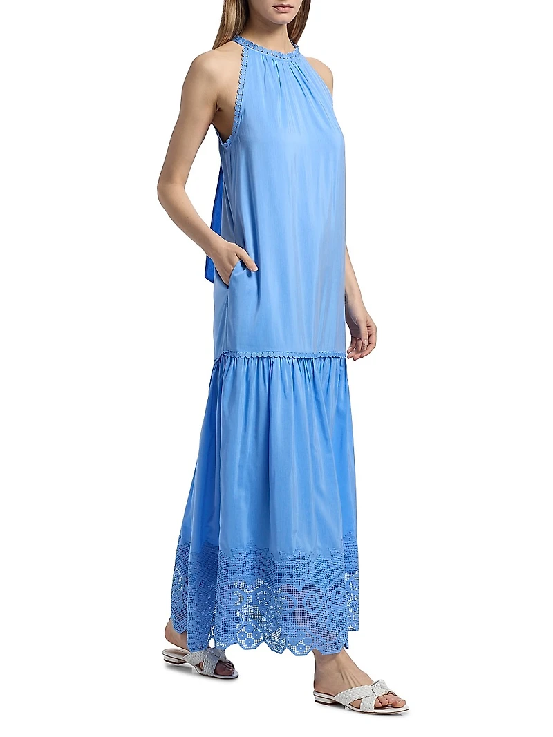 Teri Halter Lace-Trim Tiered Maxi Dress