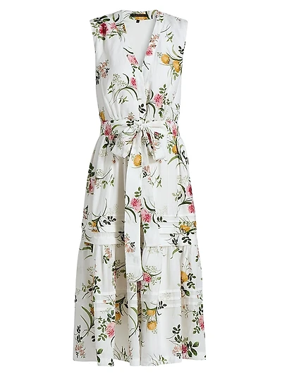 Violet Floral Tie-Waist Tiered Midi-Dress