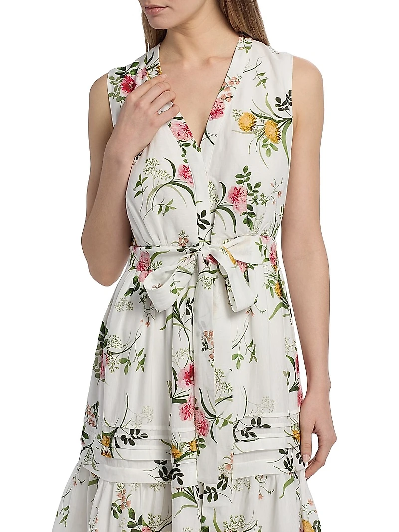 Violet Floral Tie-Waist Tiered Midi-Dress