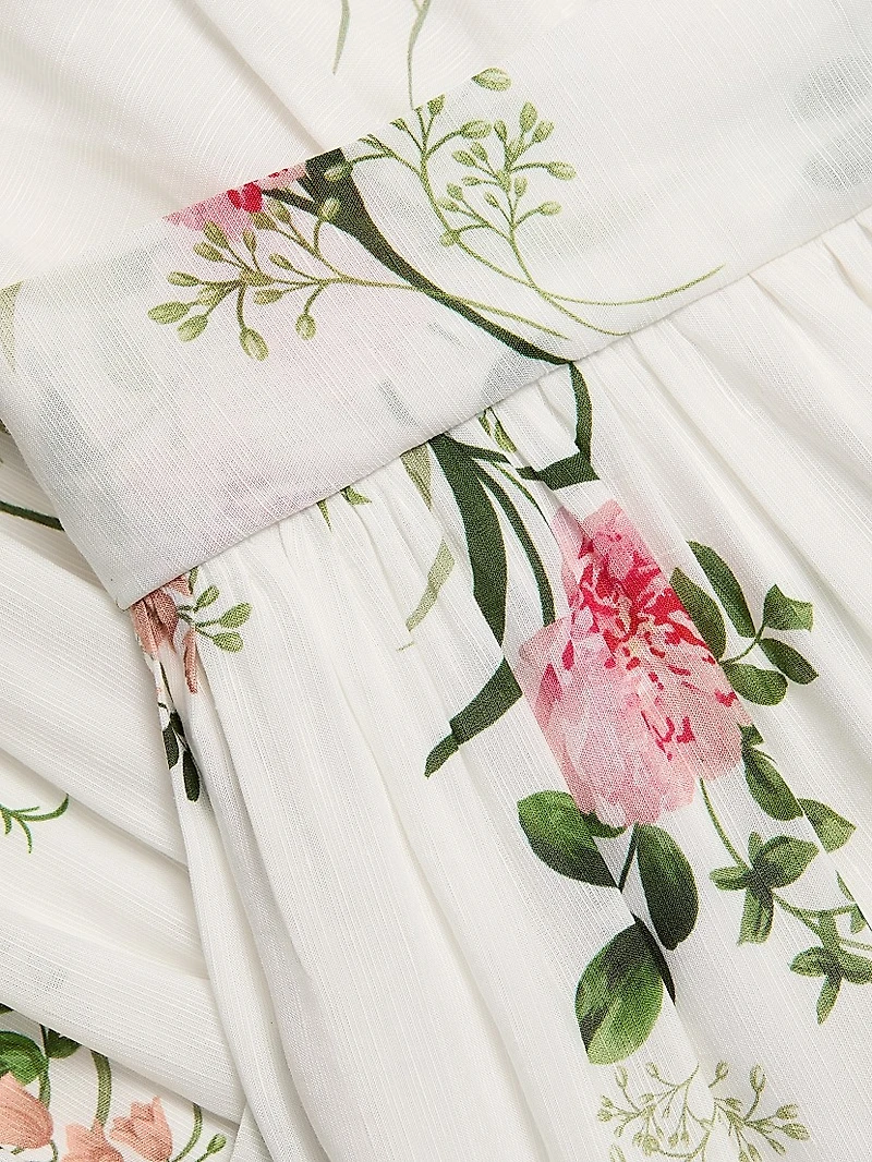 Violet Floral Tie-Waist Tiered Midi-Dress