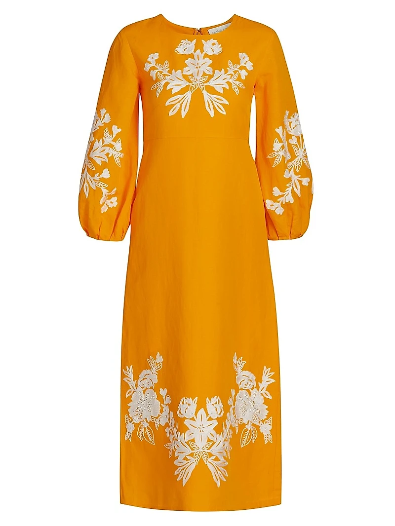 Amaira Embroidered Linen-Blend Midi-Dress