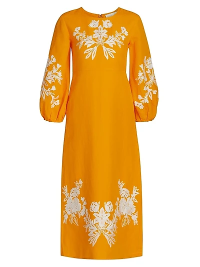 Amaira Embroidered Linen-Blend Midi-Dress