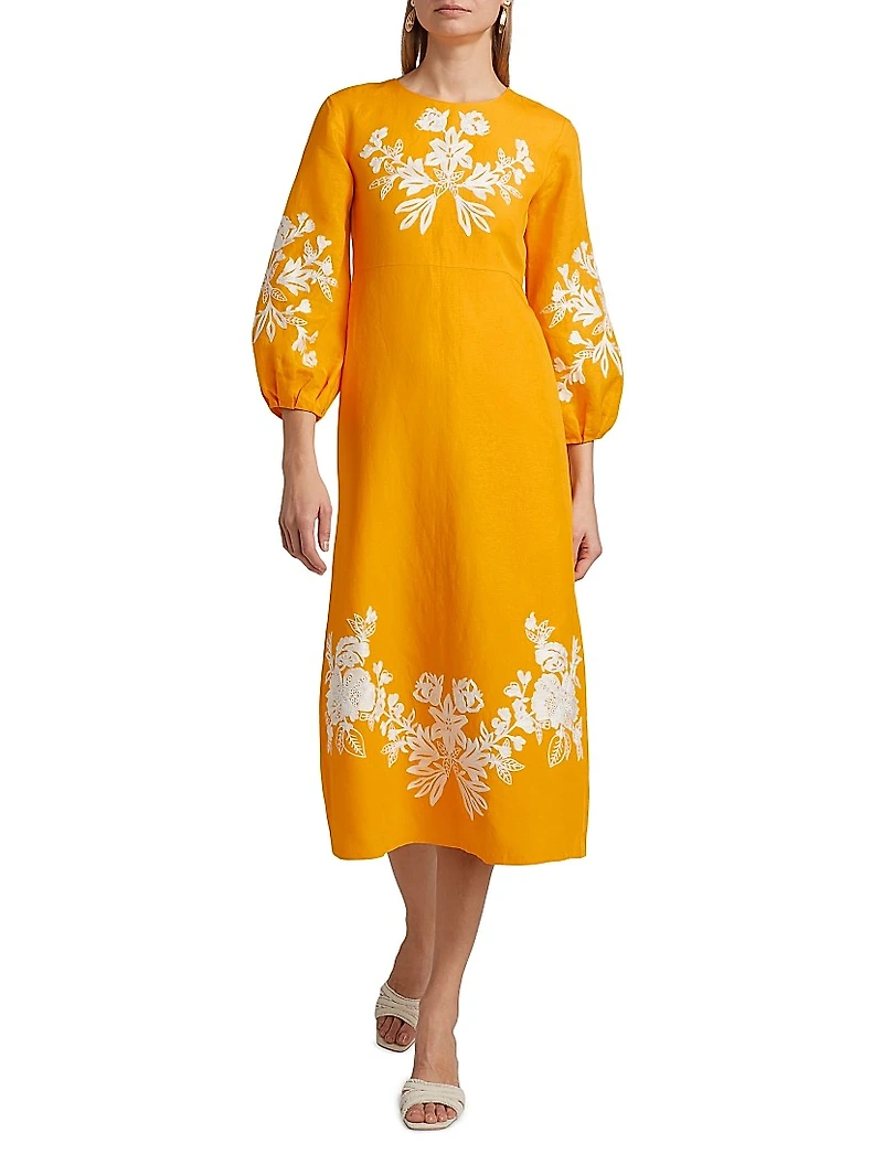 Amaira Embroidered Linen-Blend Midi-Dress