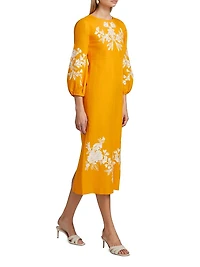 Amaira Embroidered Linen-Blend Midi-Dress