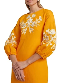 Amaira Embroidered Linen-Blend Midi-Dress