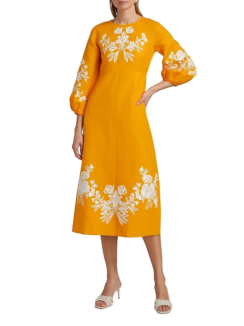 Amaira Embroidered Linen-Blend Midi-Dress