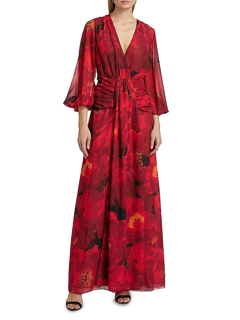 Simin Floral Chiffon Surplice Maxi Dress
