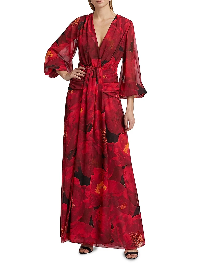 Simin Floral Chiffon Surplice Maxi Dress