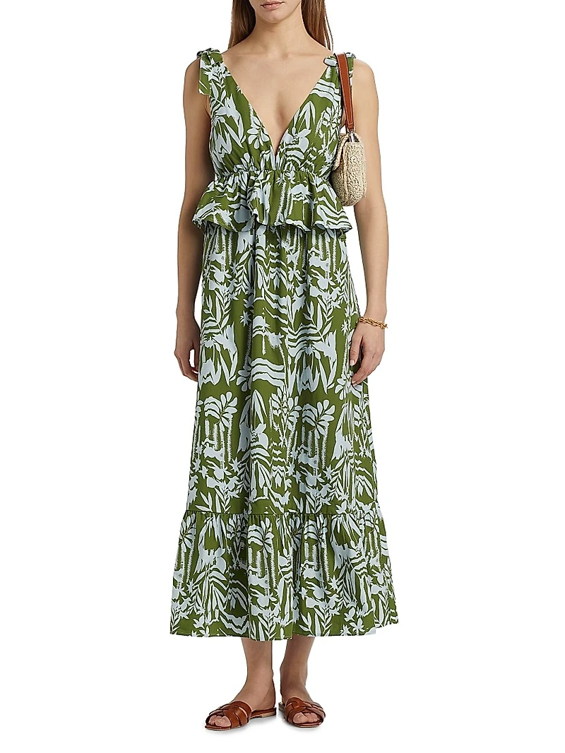 Whitley Floral Tie-Shoulder Peplum Midi-Dress