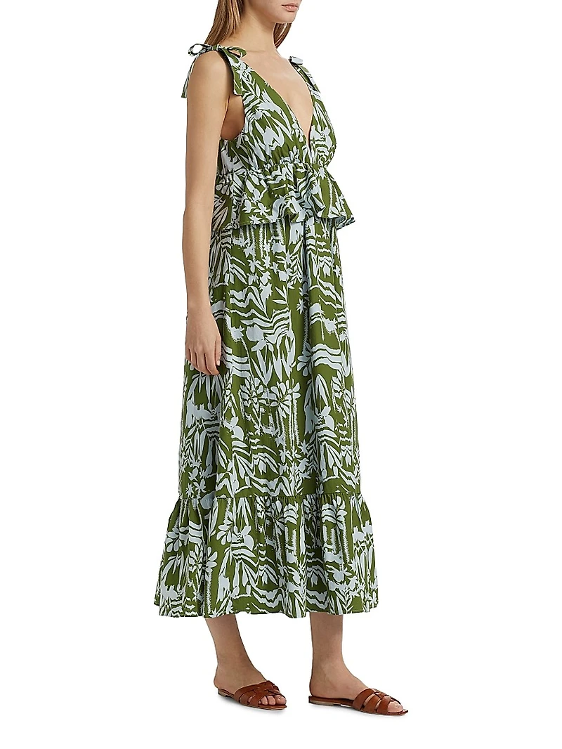Whitley Floral Tie-Shoulder Peplum Midi-Dress