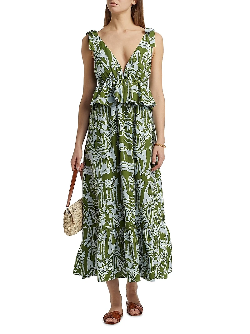 Whitley Floral Tie-Shoulder Peplum Midi-Dress