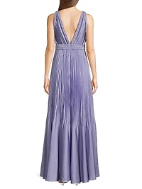 Hazel Pleated Satin V-Neck Gown
