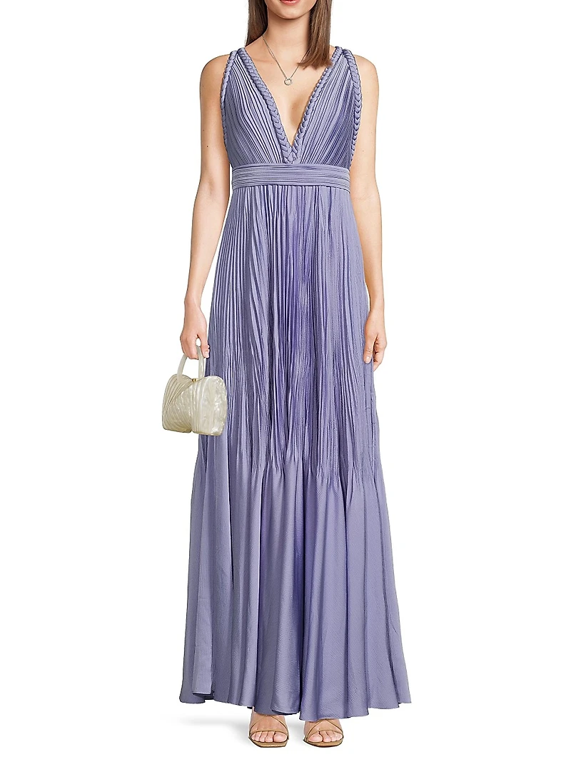 Hazel Pleated Satin V-Neck Gown
