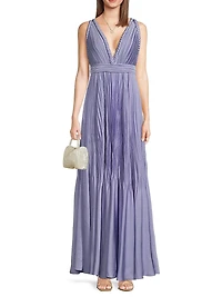 Hazel Pleated Satin V-Neck Gown