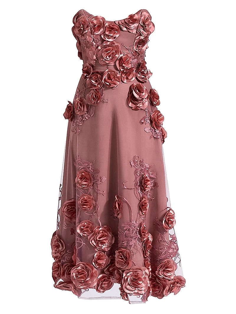 Aonia Embellished Floral Mesh Strapless Midi-Dress