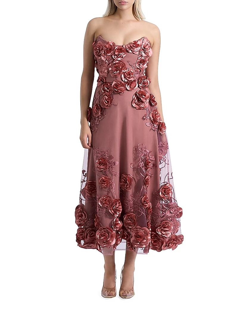 Aonia Embellished Floral Mesh Strapless Midi-Dress
