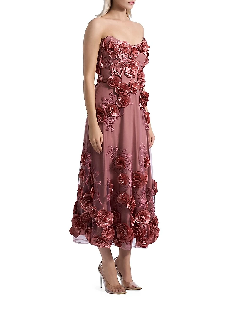 Aonia Embellished Floral Mesh Strapless Midi-Dress