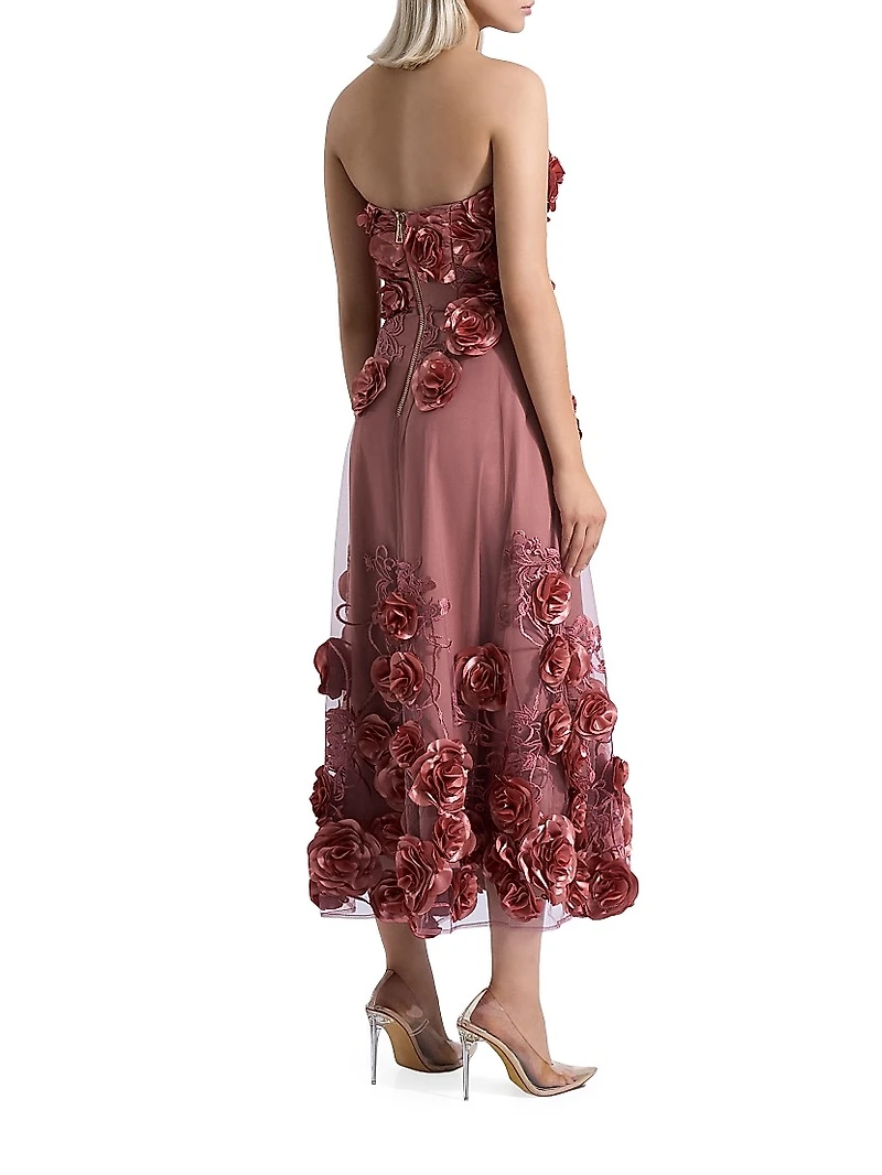 Aonia Embellished Floral Mesh Strapless Midi-Dress