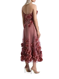 Aonia Embellished Floral Mesh Strapless Midi-Dress