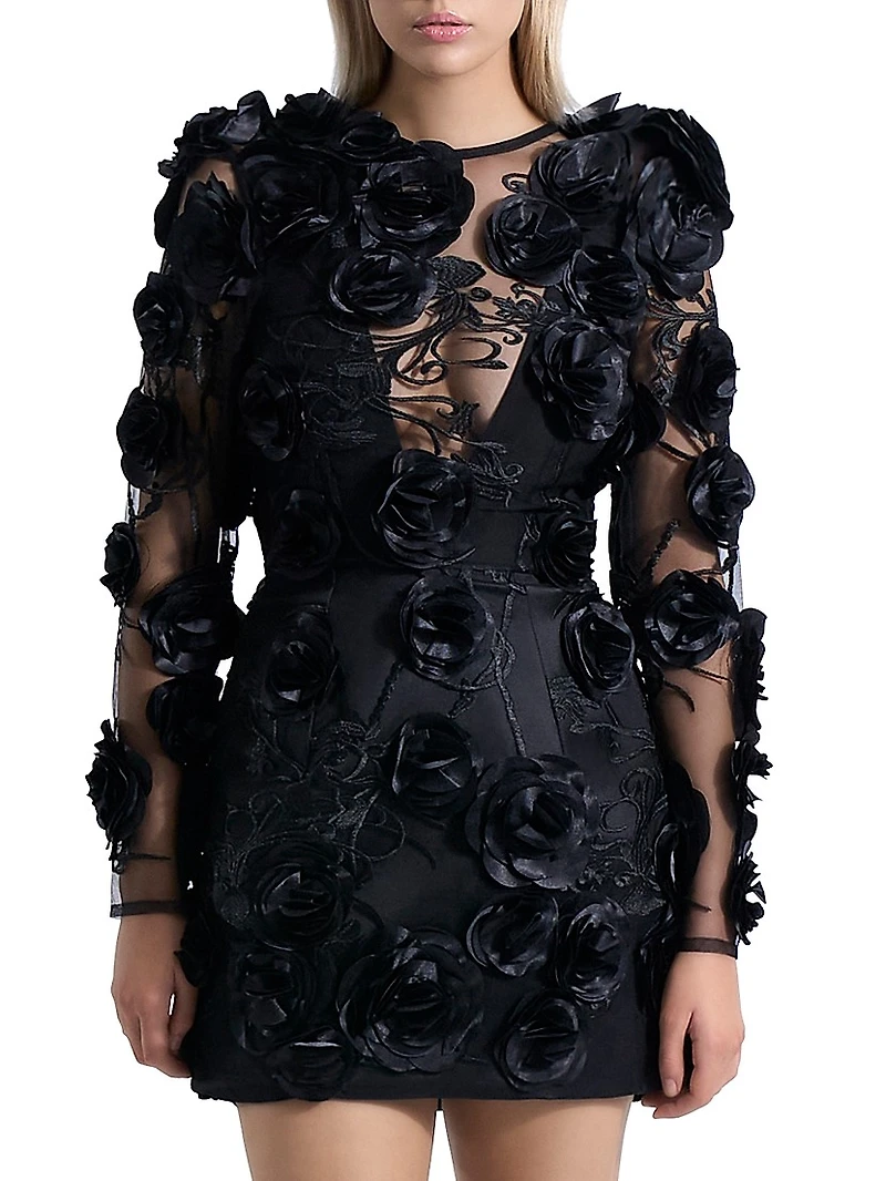 Aonia Embellished Floral Mesh Minidress