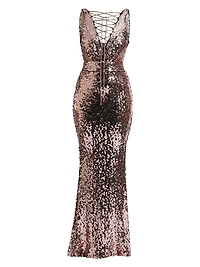 Double Star Stretch Sequin Lace-Up Gown
