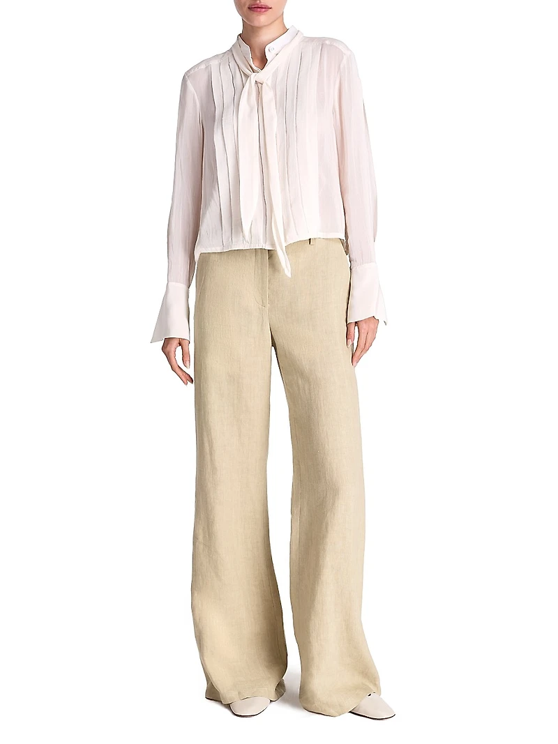 Patti Pleated Tie-Neck Cotton-Silk Blouse