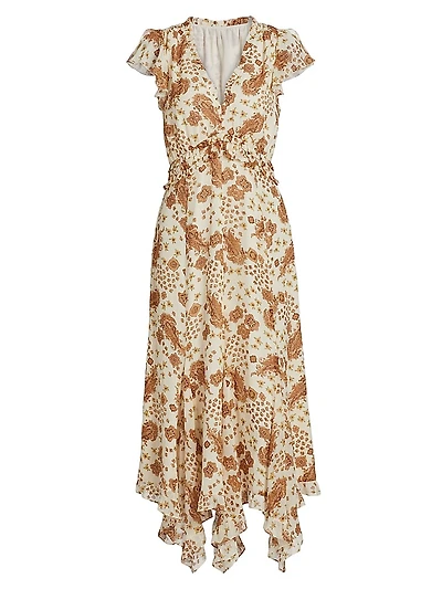 Eleonora Printed Silk Ruffled Midi-Dress