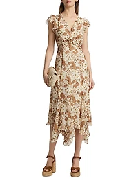 Eleonora Printed Silk Ruffled Midi-Dress