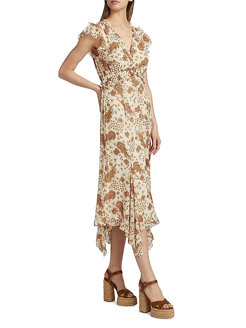 Eleonora Printed Silk Ruffled Midi-Dress