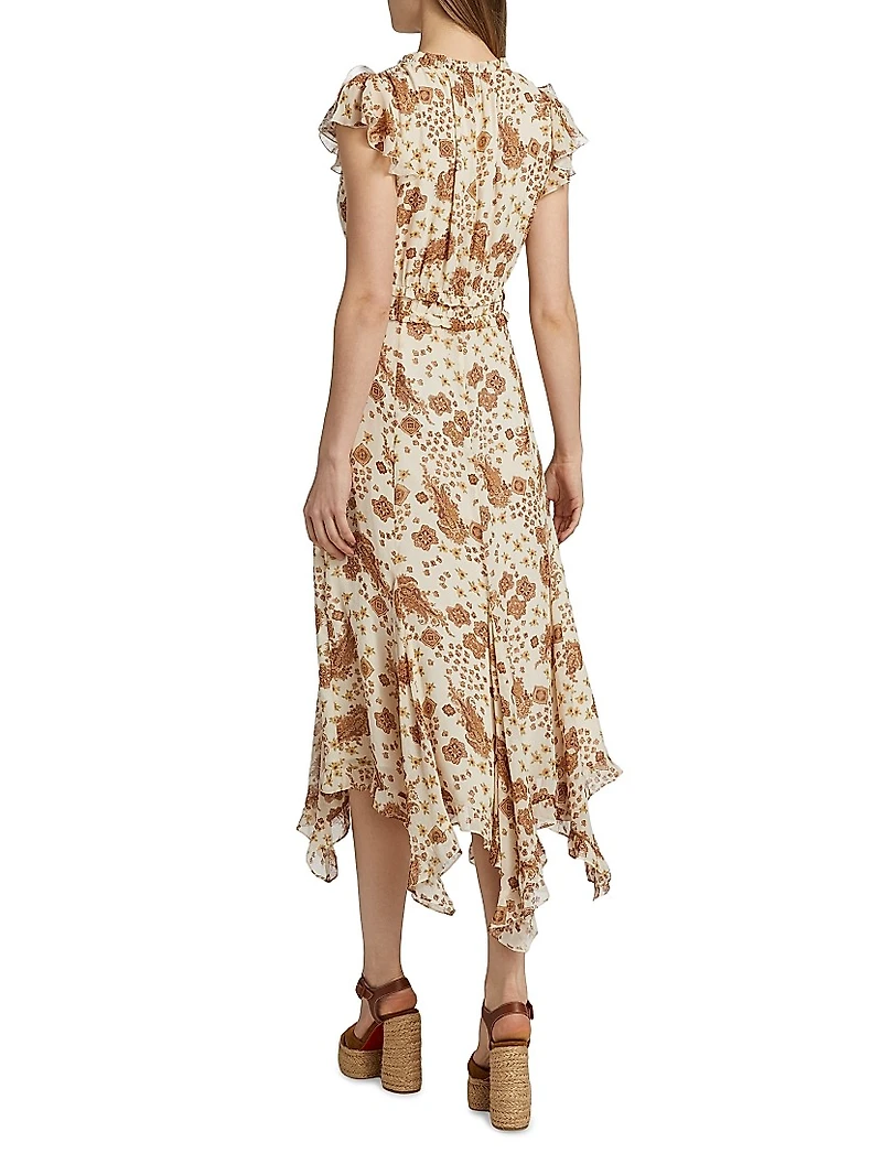 Eleonora Printed Silk Ruffled Midi-Dress